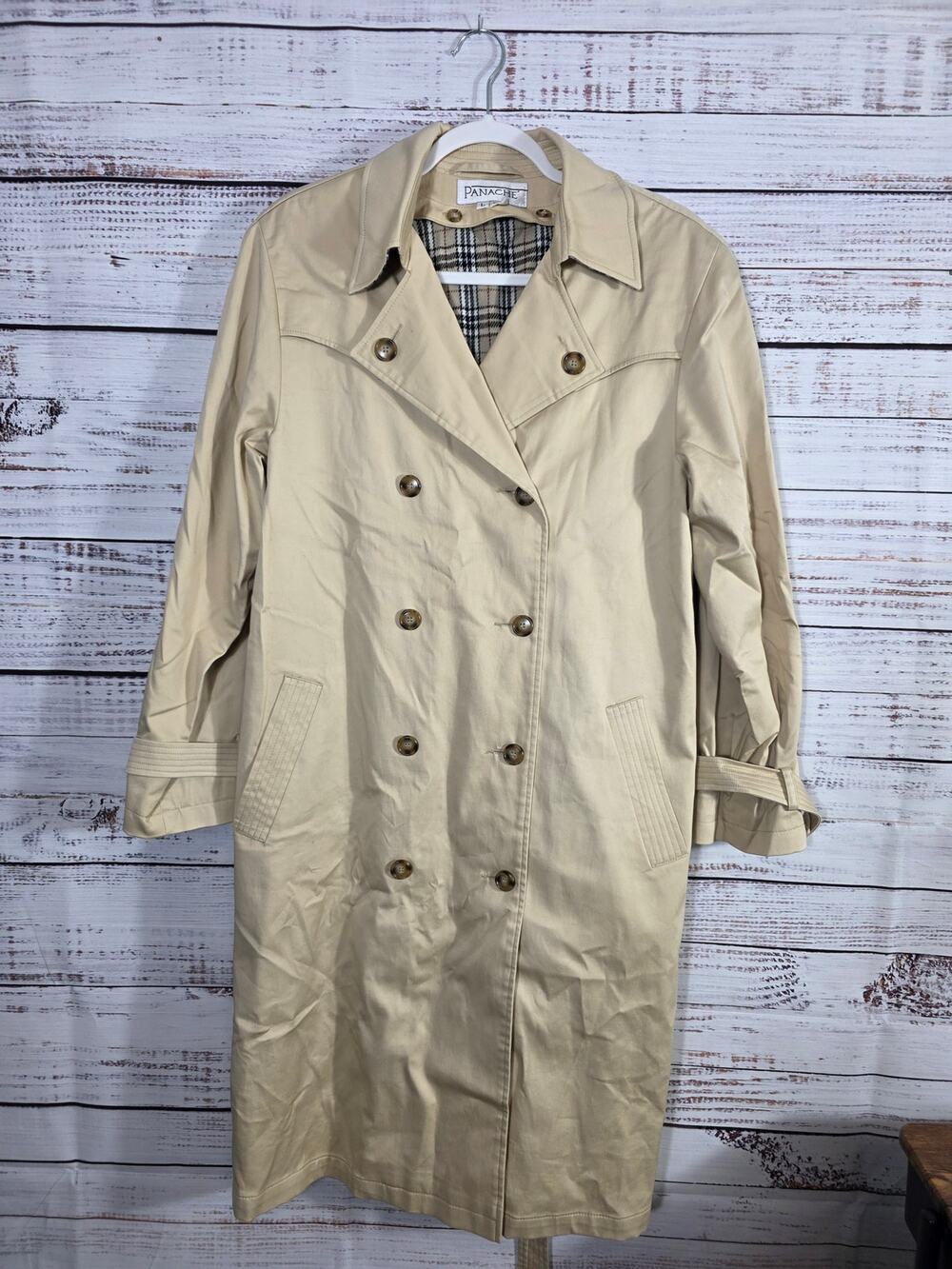 Panache Women's Beige Trench Coat Plaid Lined Double Breasted Long Jacket Size L